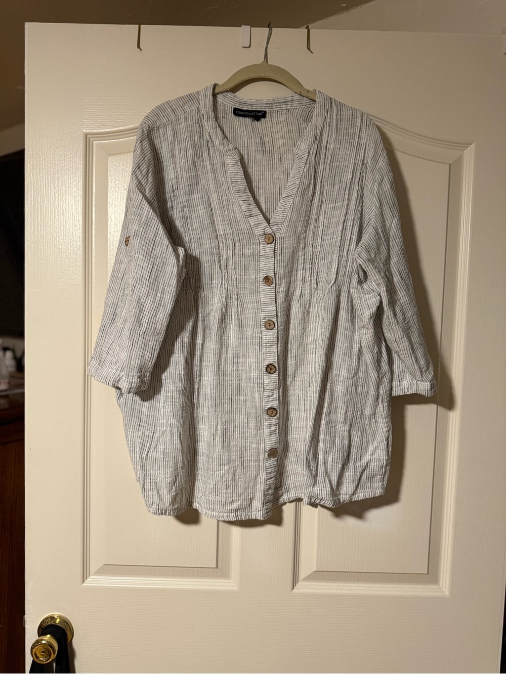 Women's Striped Button-Front Linen-Blend Shirt - Gray/White